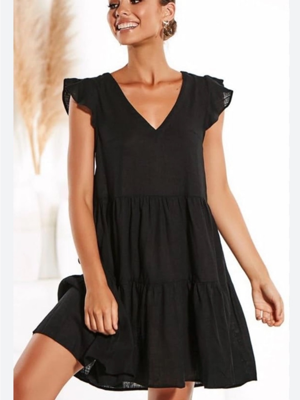 ANTONIO MELANI Black V‑Neck Ruffle Sleeve Tiered Mini linen blend Dress